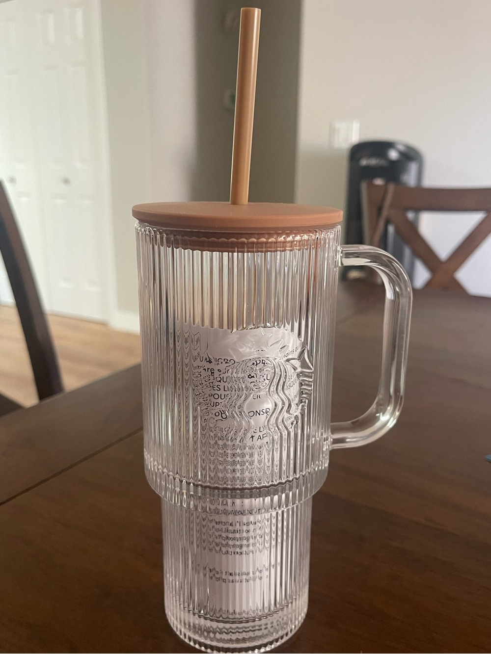 Starbucks Clear Ribbed Glass Mug with Tan Lid and Straw